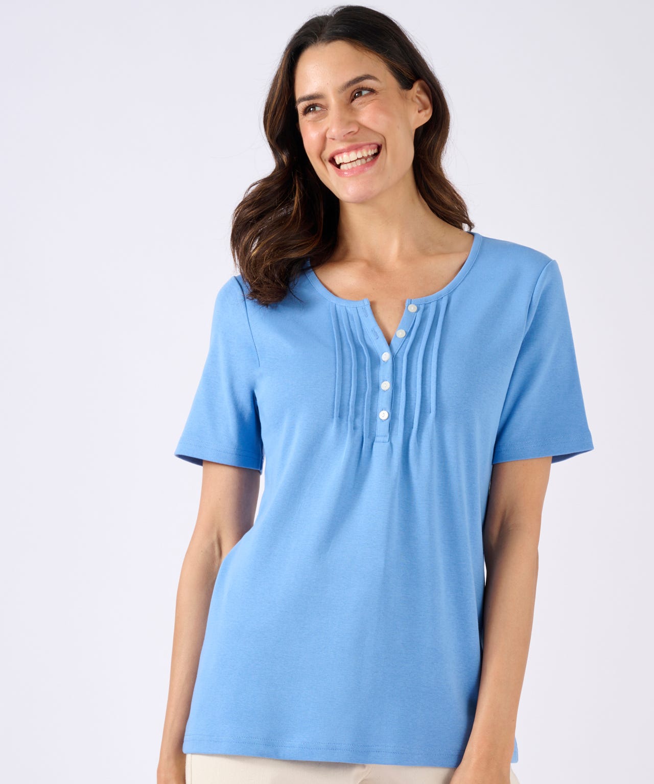 Damart Women's Cornflower Plain Skin Soft Pure Cotton Pleat Detail T-Shirt