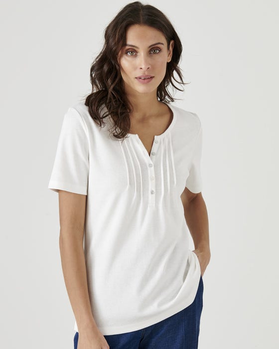 Damart Women's Off White Skin Soft Pure Cotton Pleat Detail T-Shirt