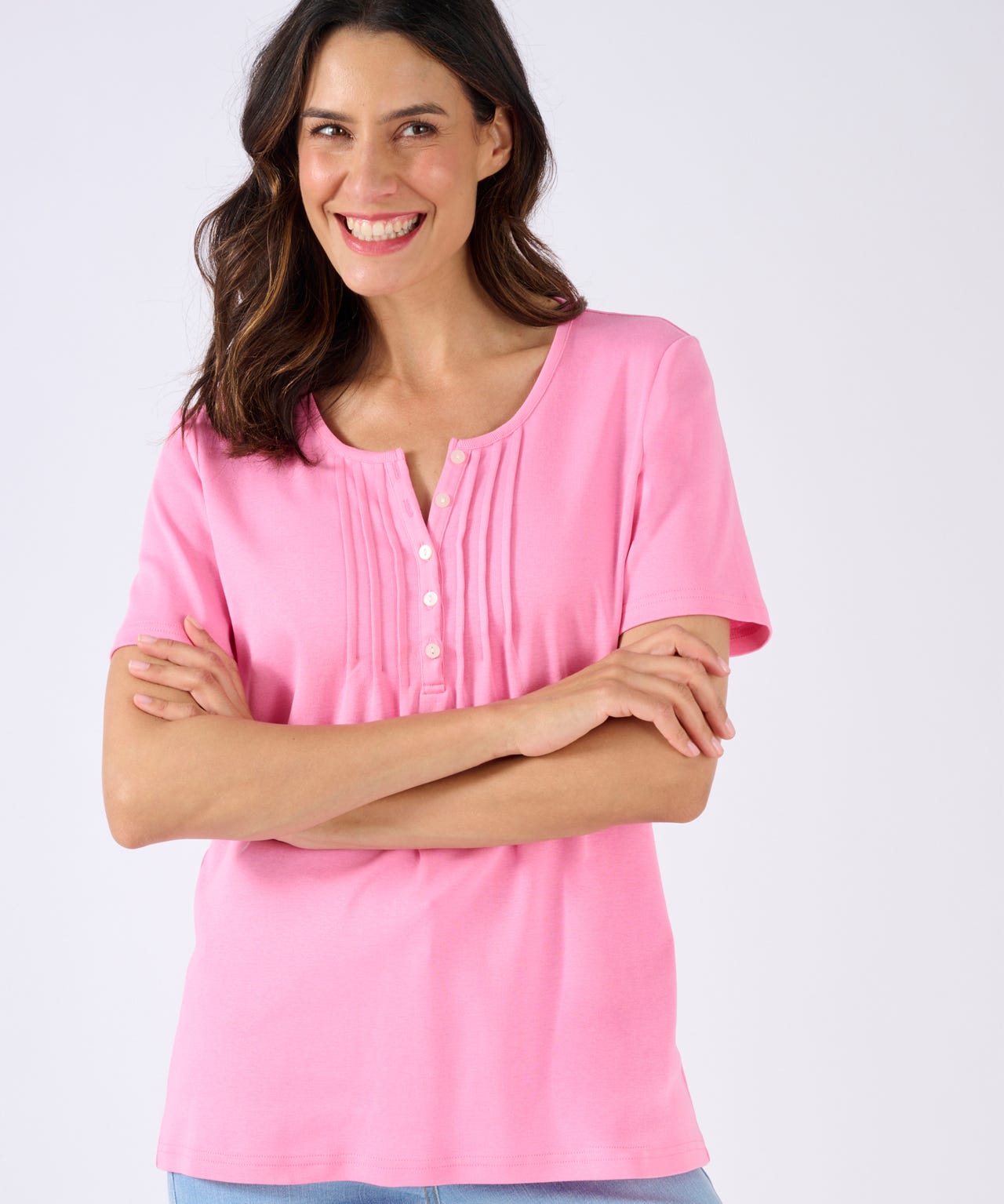 Damart Women's Pink Plain Skin Soft Pure Cotton Pleat Detail T-Shirt