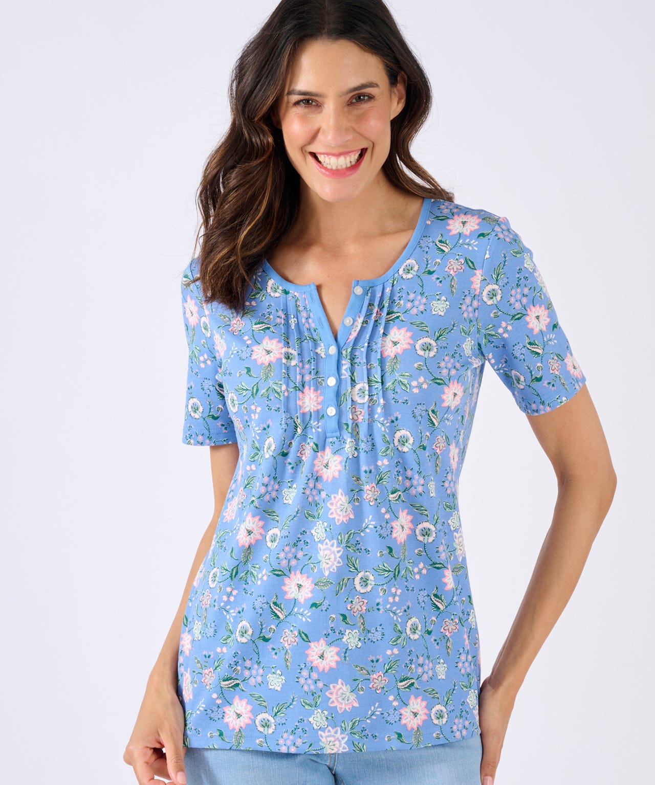 Damart Women's Cornflower Print Skin Soft Pure Cotton Pleat Detail T-Shirt
