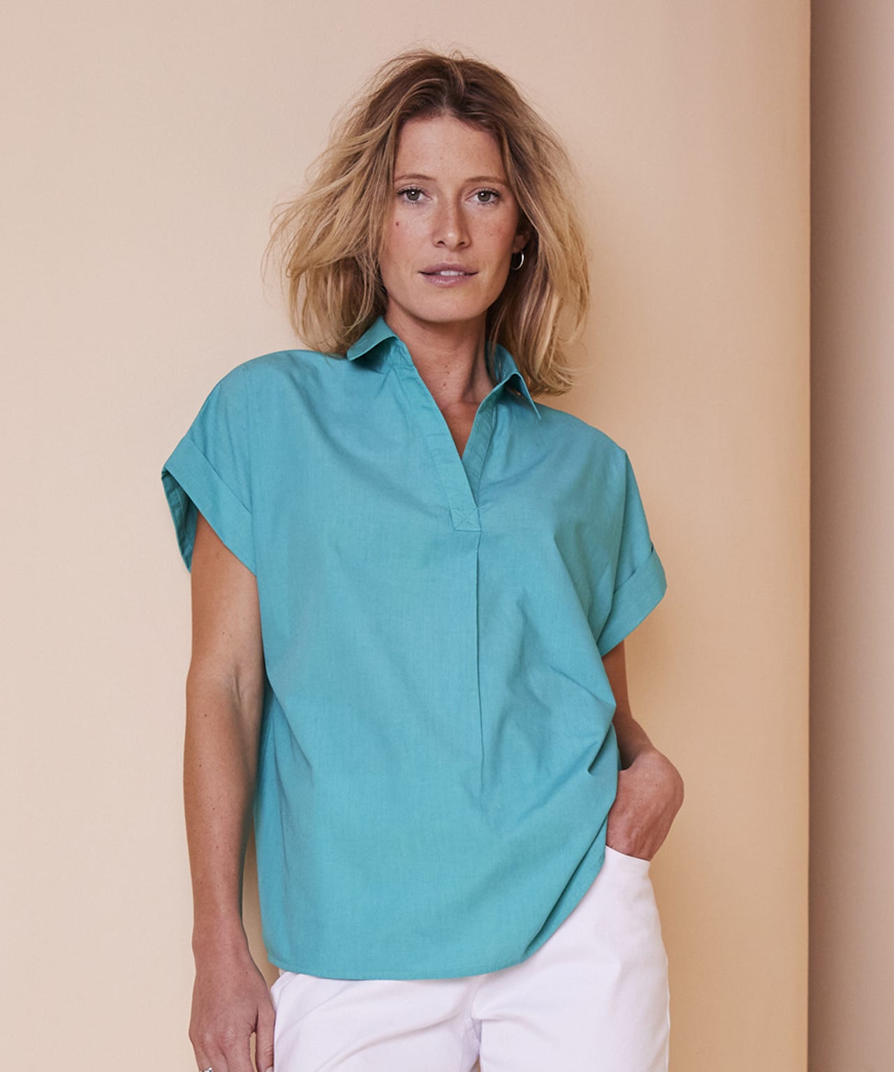 Box-Pleat Cotton Blouse with Open V-Neck