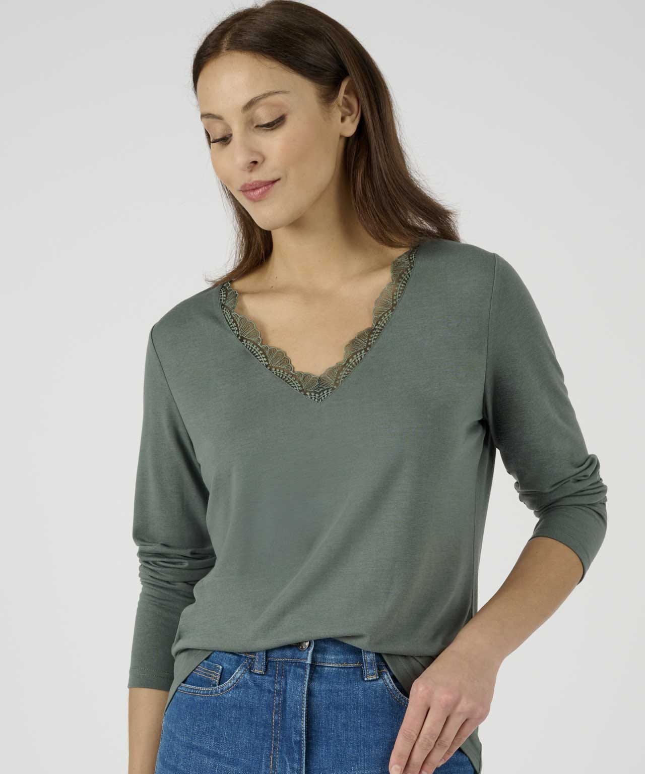 Damart Women's Dark Sage Long Sleeve Lace Trim T-Shirt