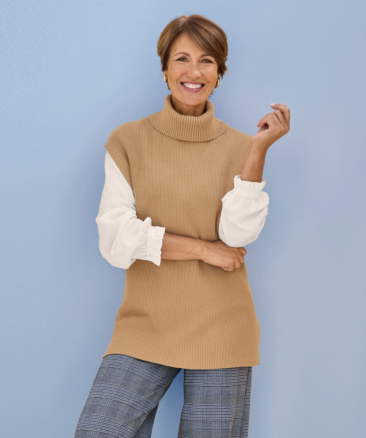 Damart Women's Tan Roll Neck Ribbed Jumper