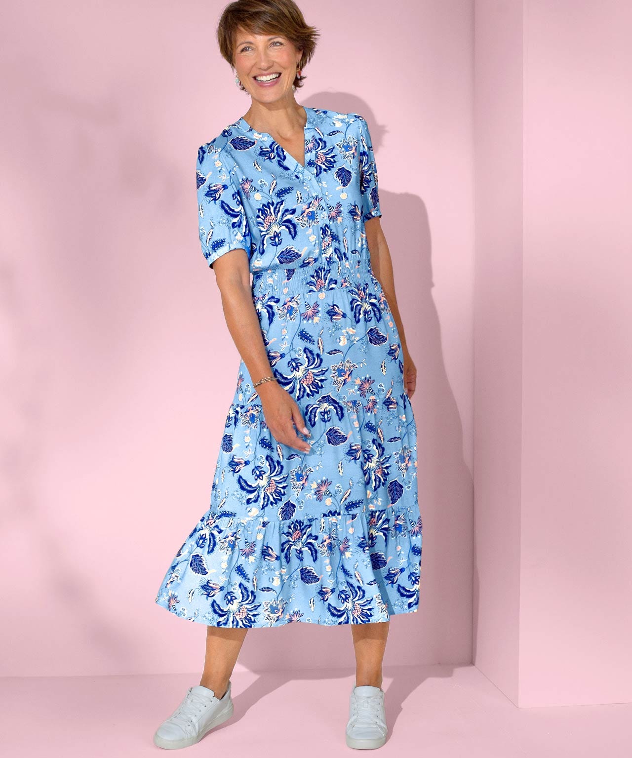 Elasticated Waist Tiered Print Dress 