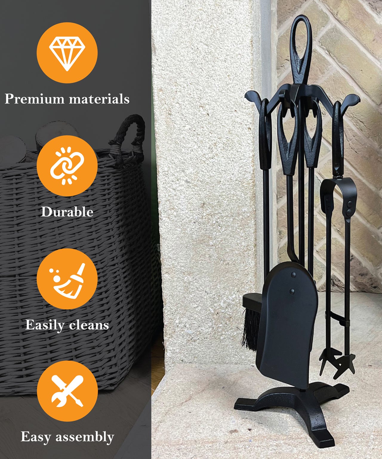 4 Piece Fire Companion Set + Stand 