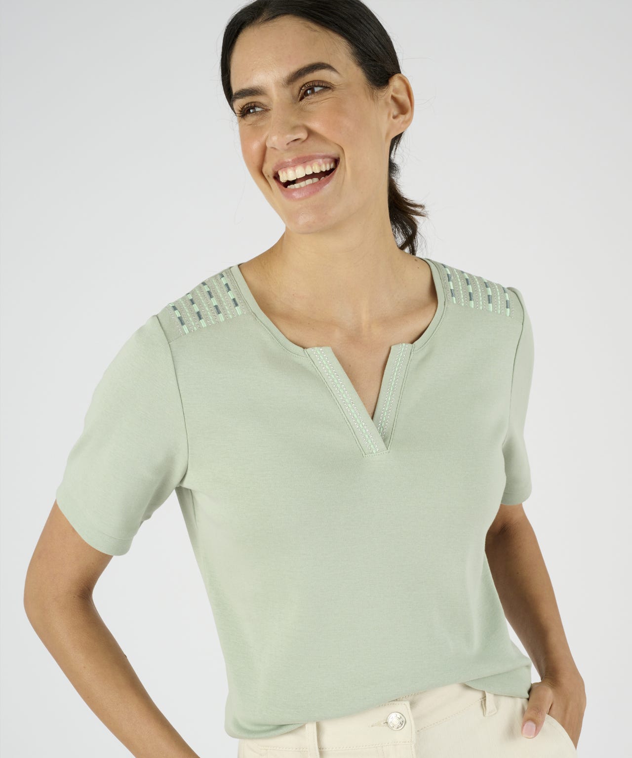 Damart Women's Pistachio Embroidered Cotton T-Shirt