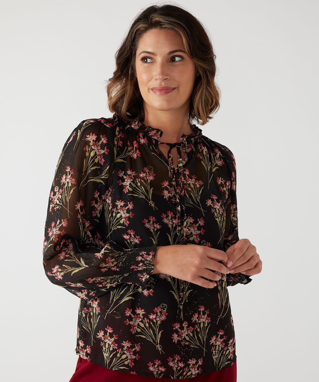 Damart Women's Lurex Black Floral First Avenue Tie Neck Relaxed Blouse