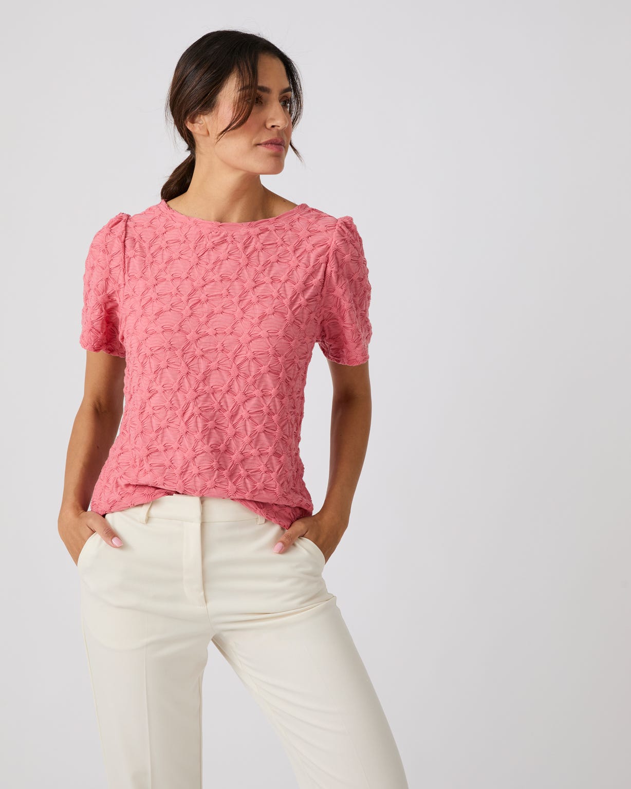 Textured Gathered Sleeve T-shirt 