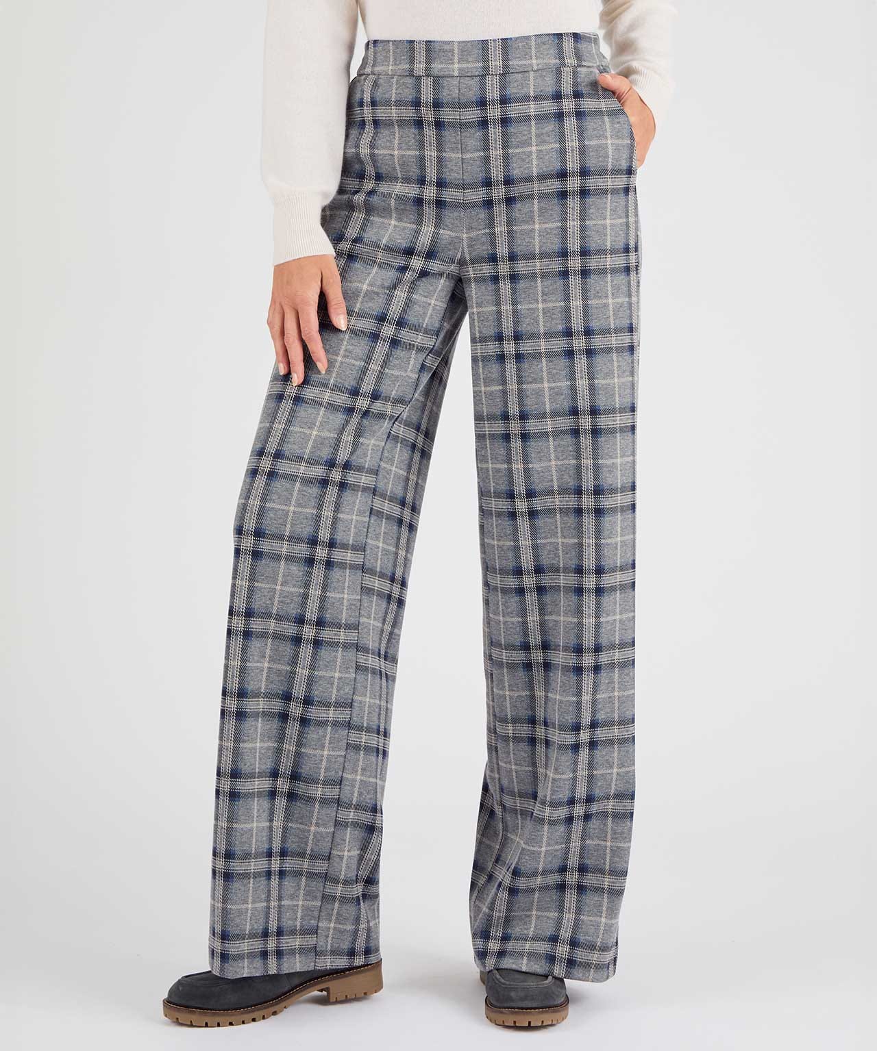 Pull-on Wide-leg Check Trousers