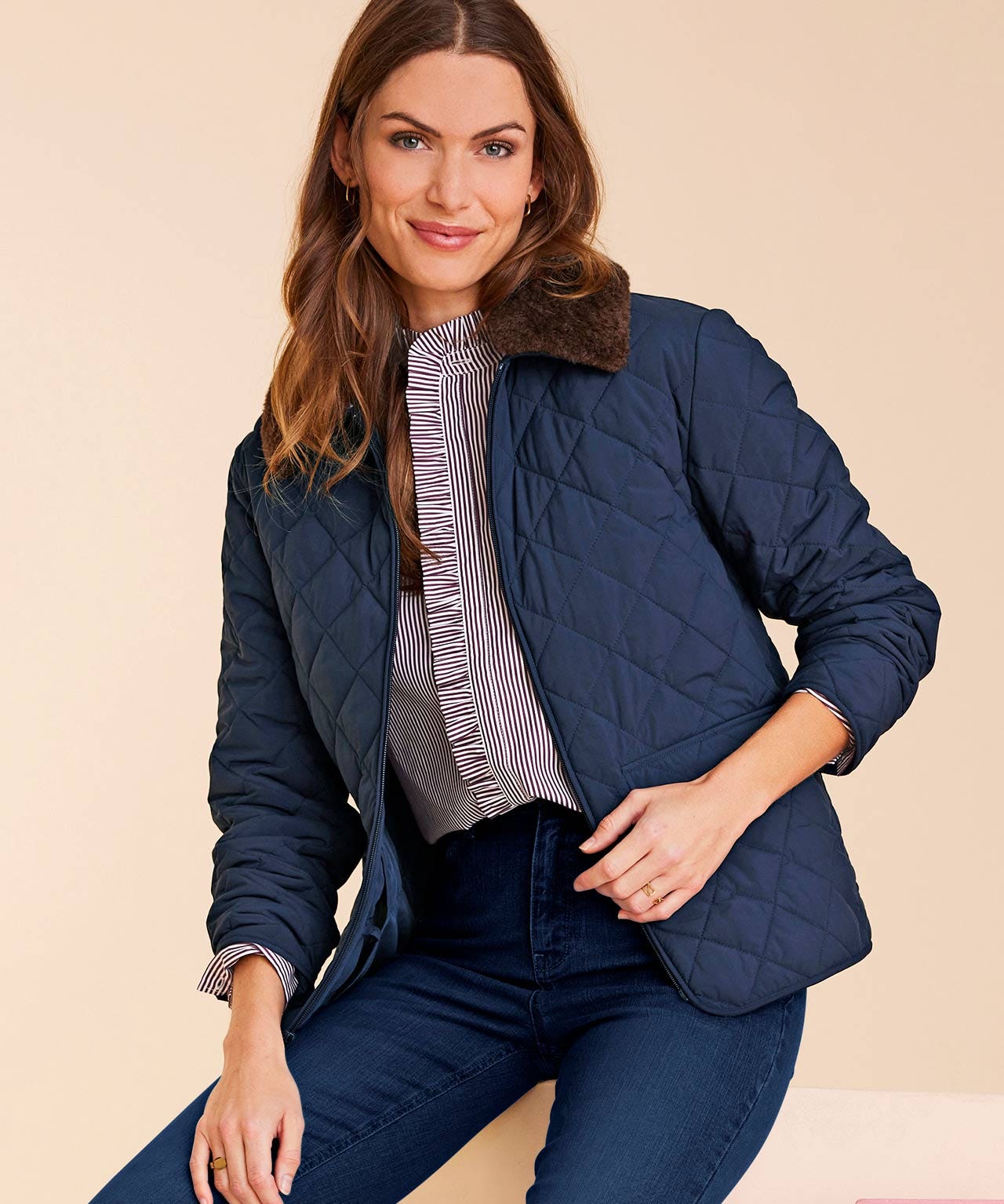 Quilted Faux Fur Collar Coat