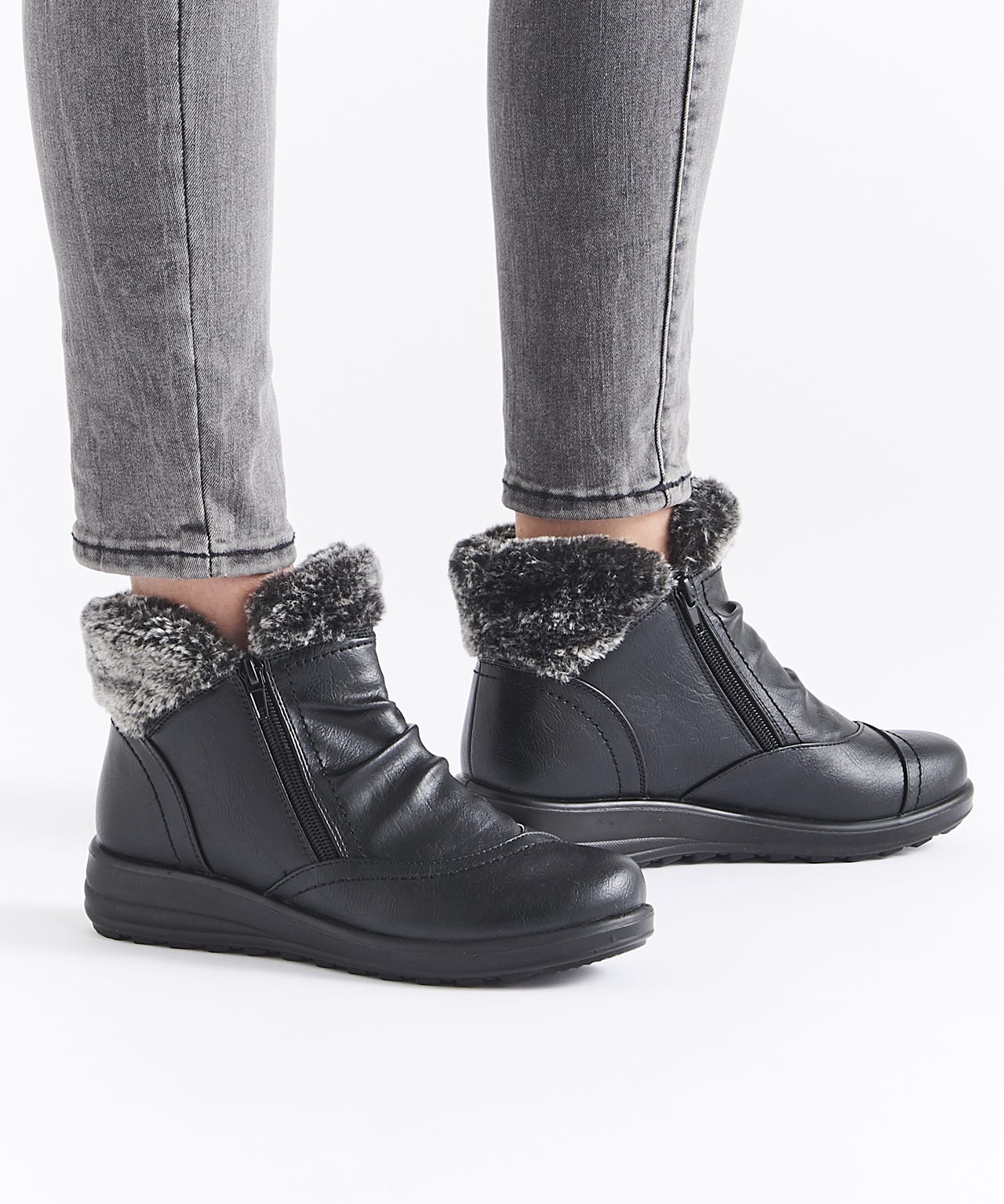 Damart Women's Black Cushion-Walk Faux Fur Trim Ankle Boots