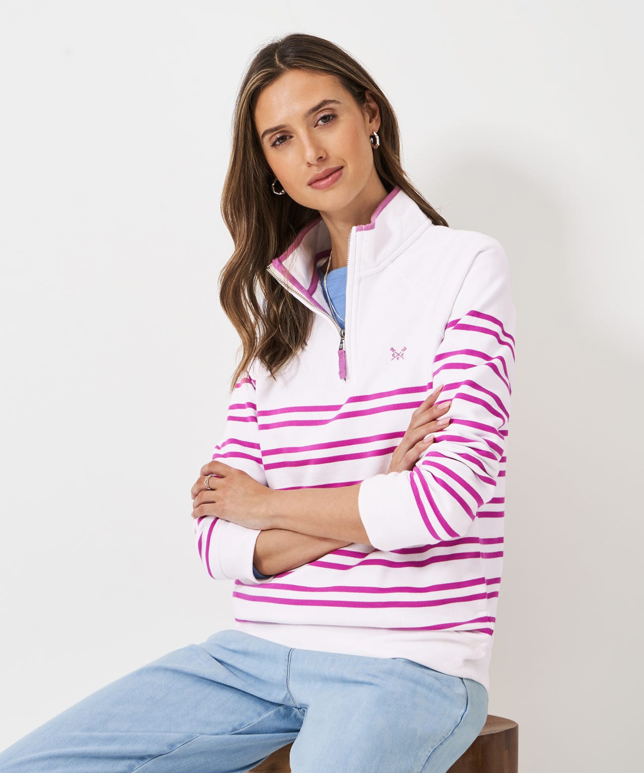 Damart Women's White Pink Crew Clothing - Half Zip Sweatshirt