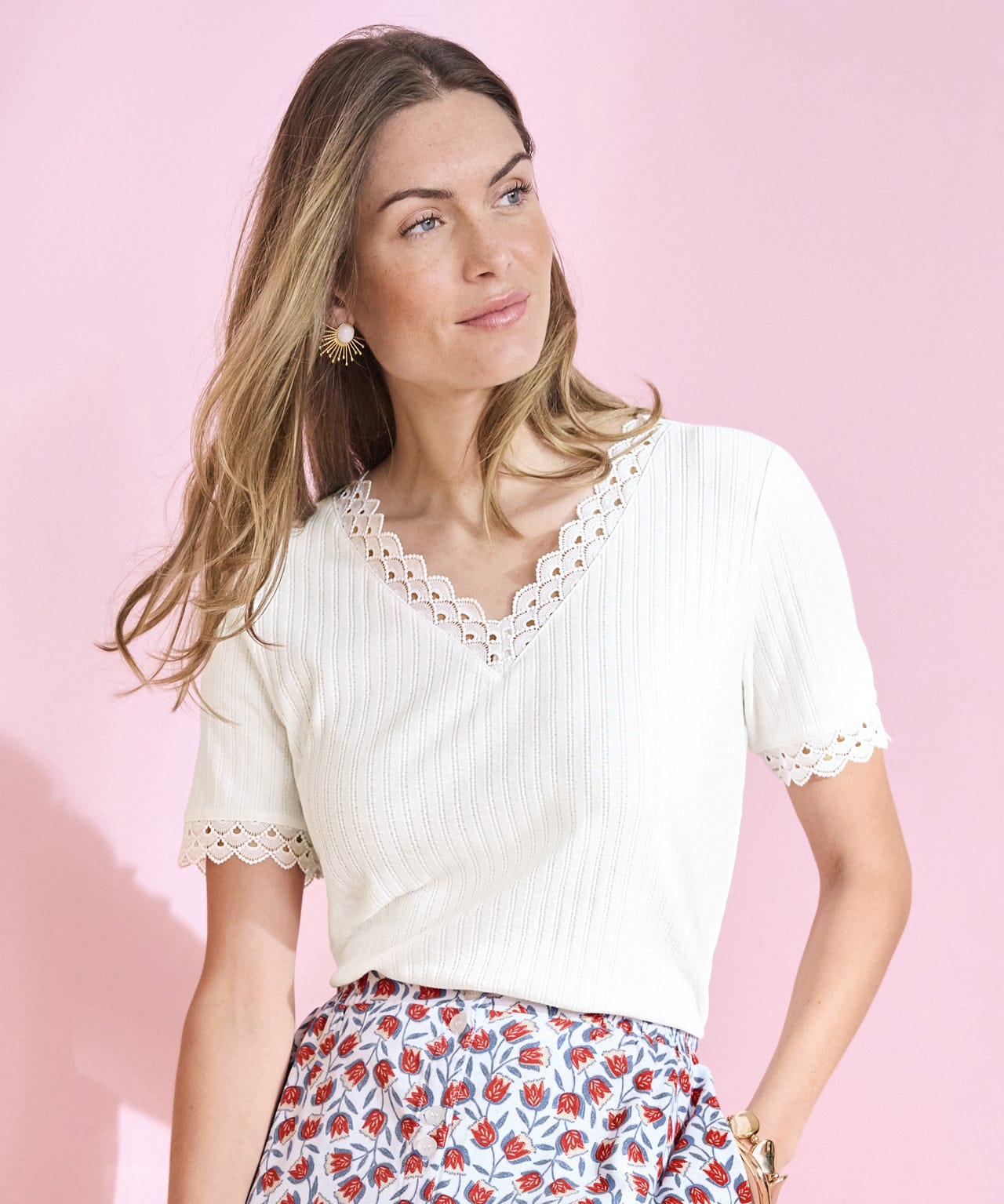 Rib Lace Trim T-shirt