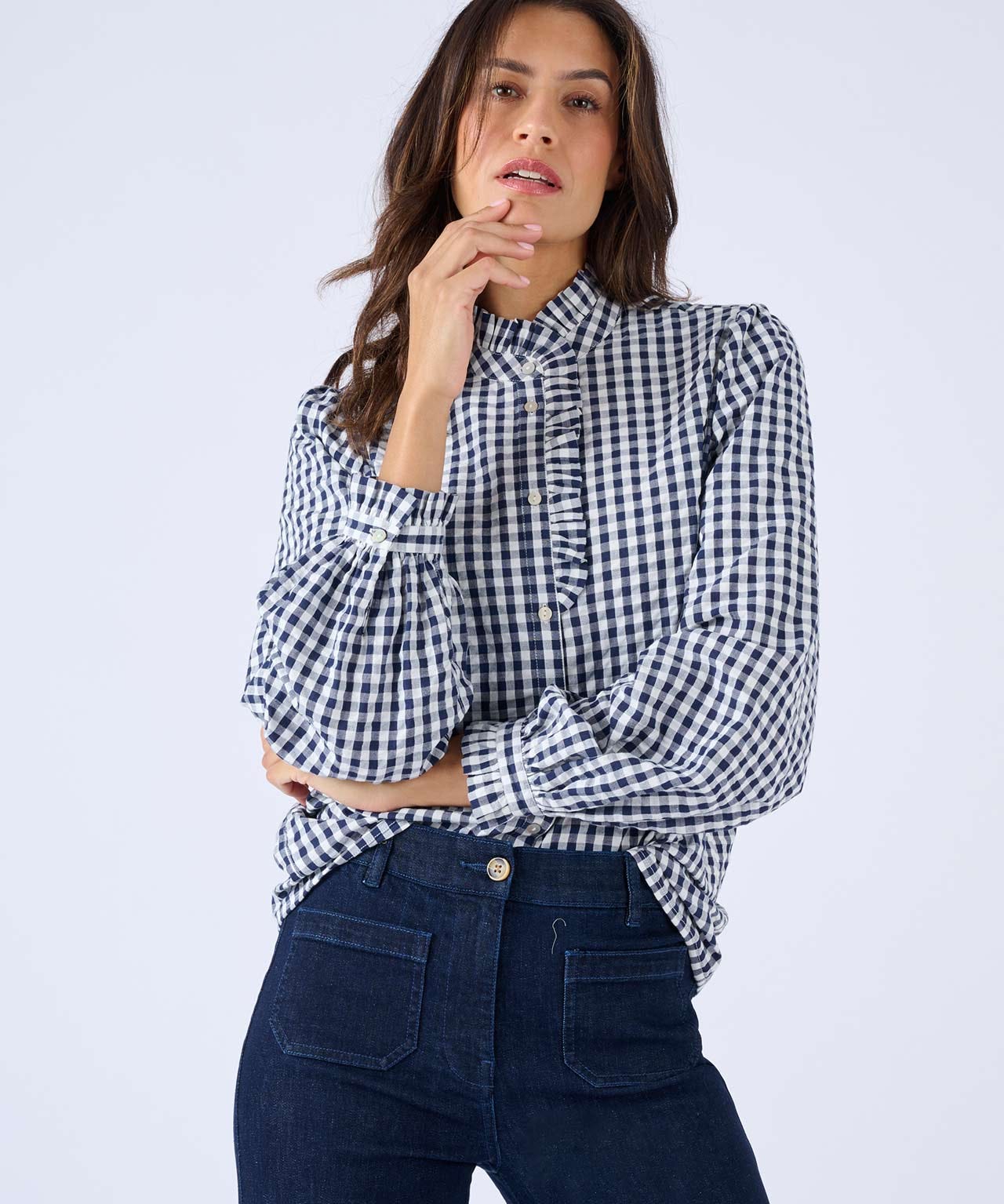 Gingham Seersucker Cotton Blouse 