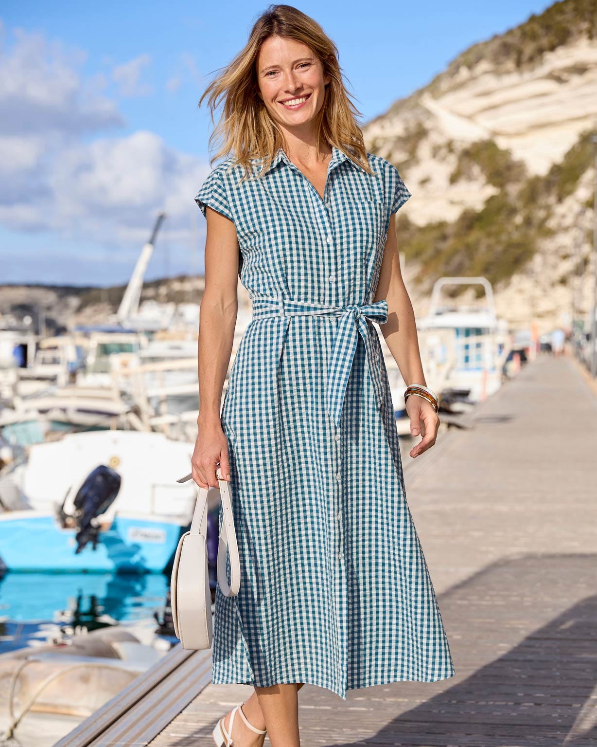 Cotton Gingham Seersucker Shirt Dress