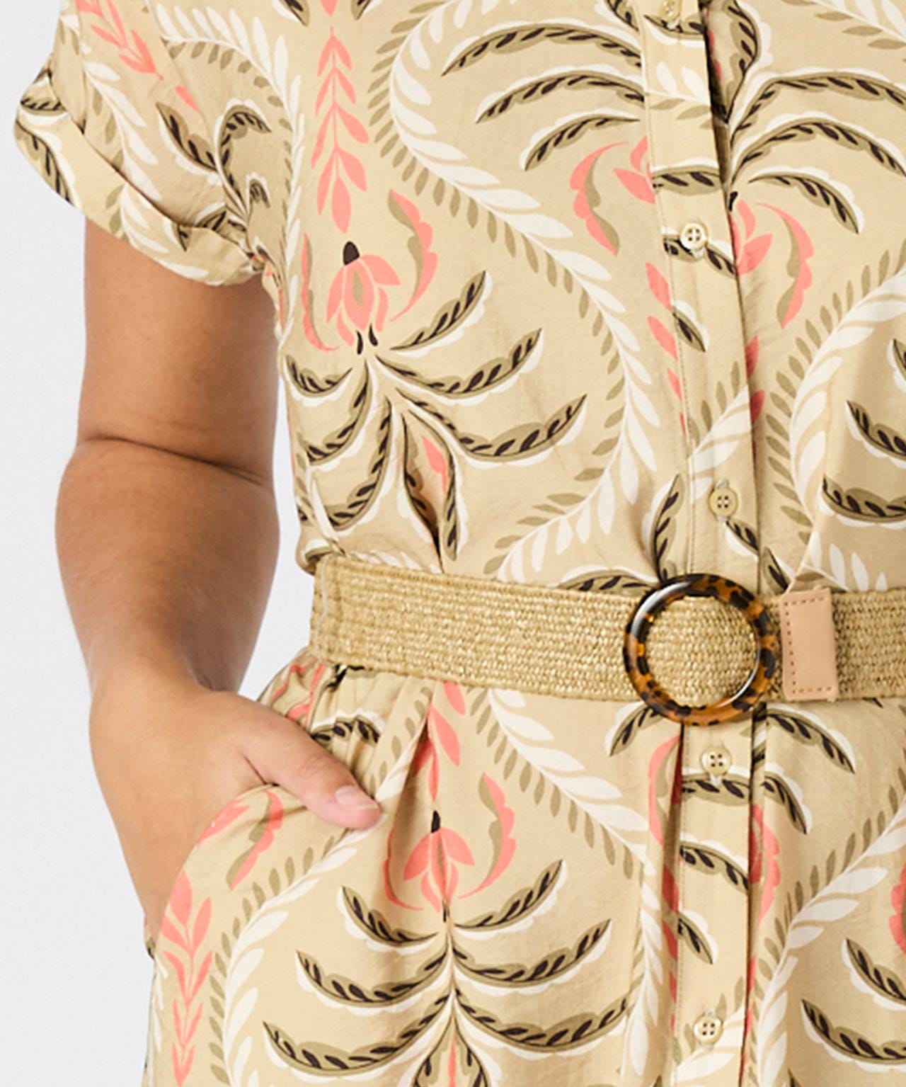 Printed Crinkle Dress with Raffia Belt 