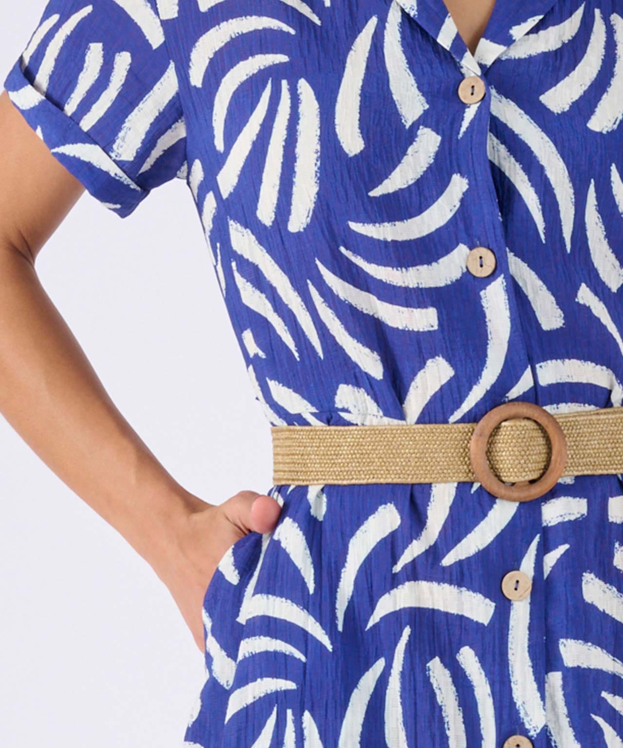 Print Dress with Raffia Belt 