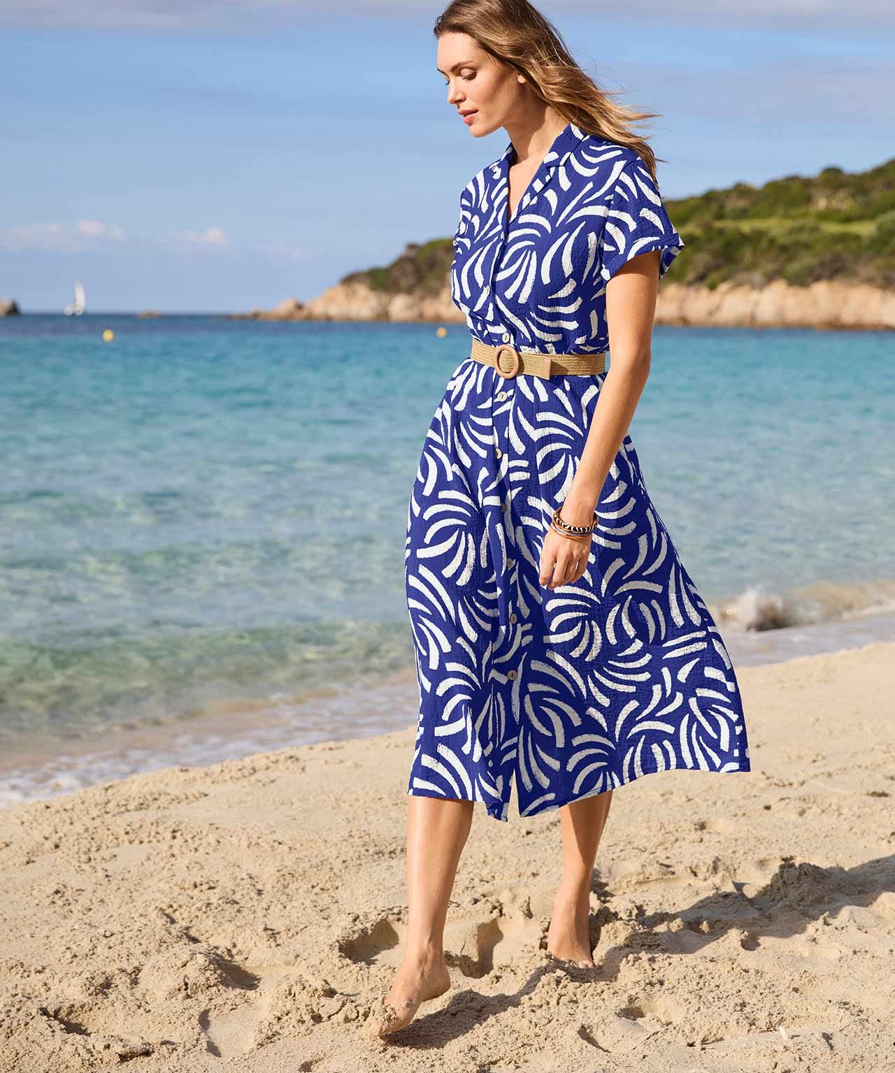 Print Dress with Raffia Belt 