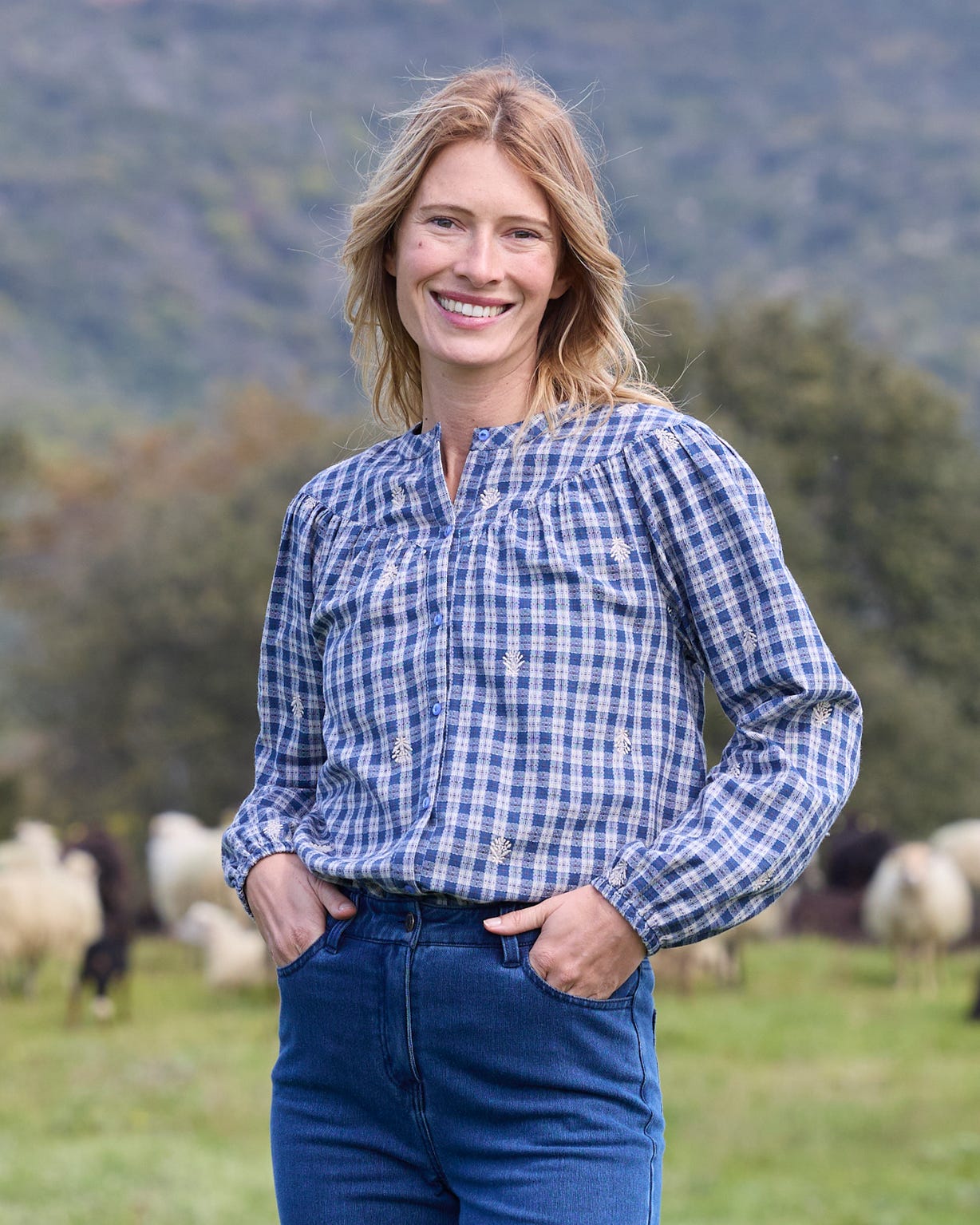 Embroidered Check Blouse 