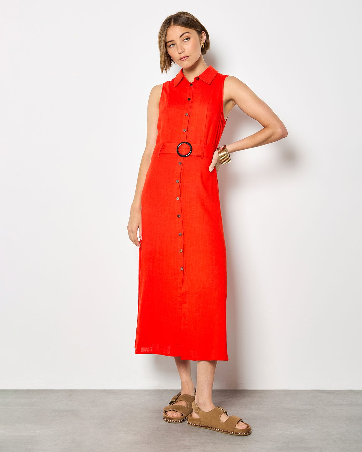 Apricot Belted Shirt Midi Dress