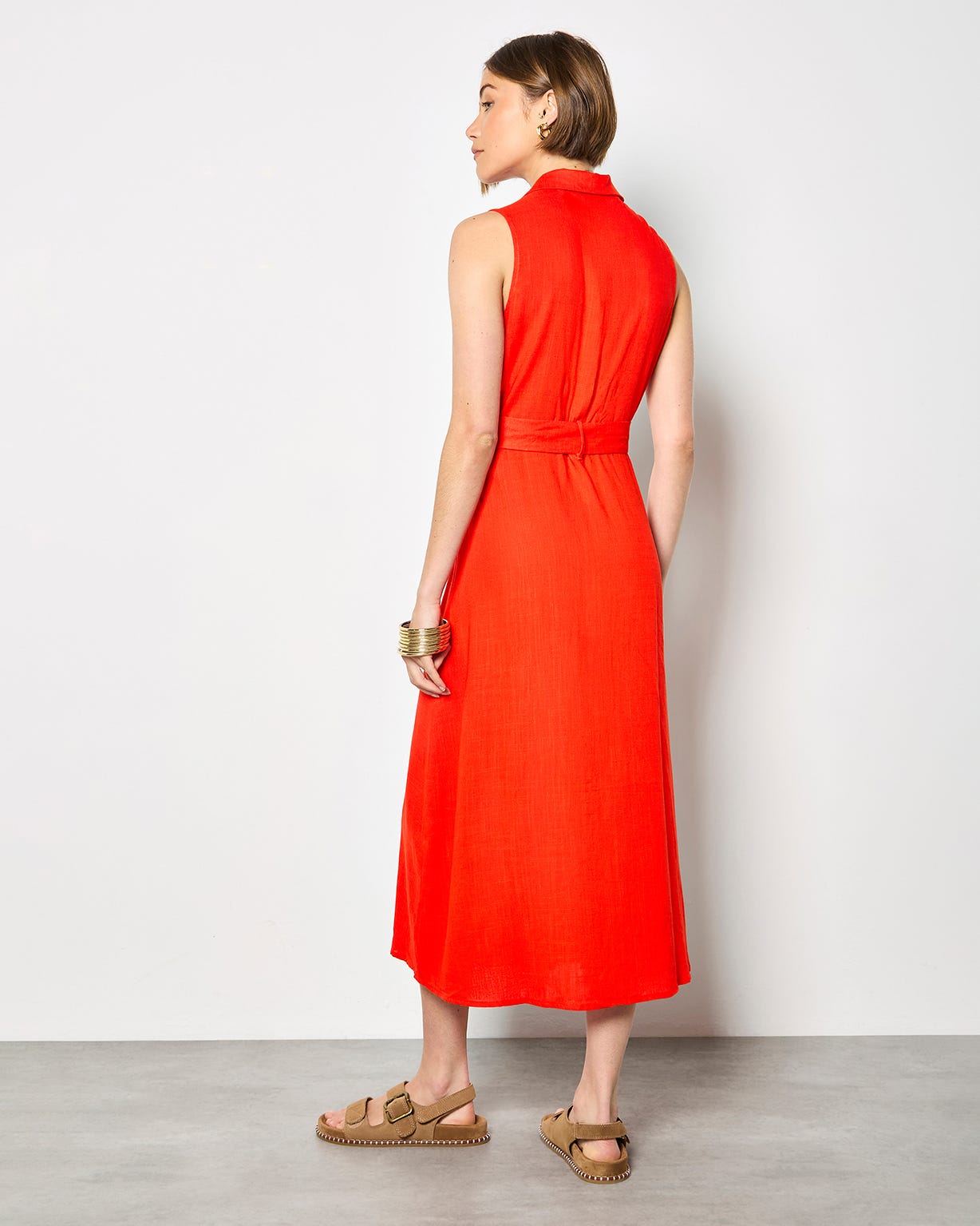 Apricot Belted Shirt Midi Dress