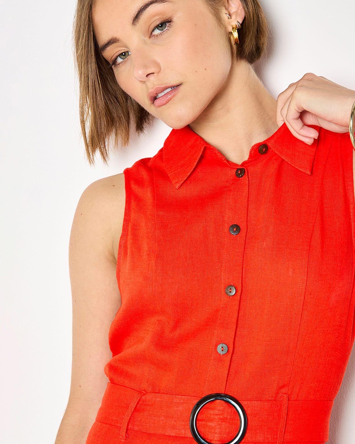 Apricot Belted Shirt Midi Dress