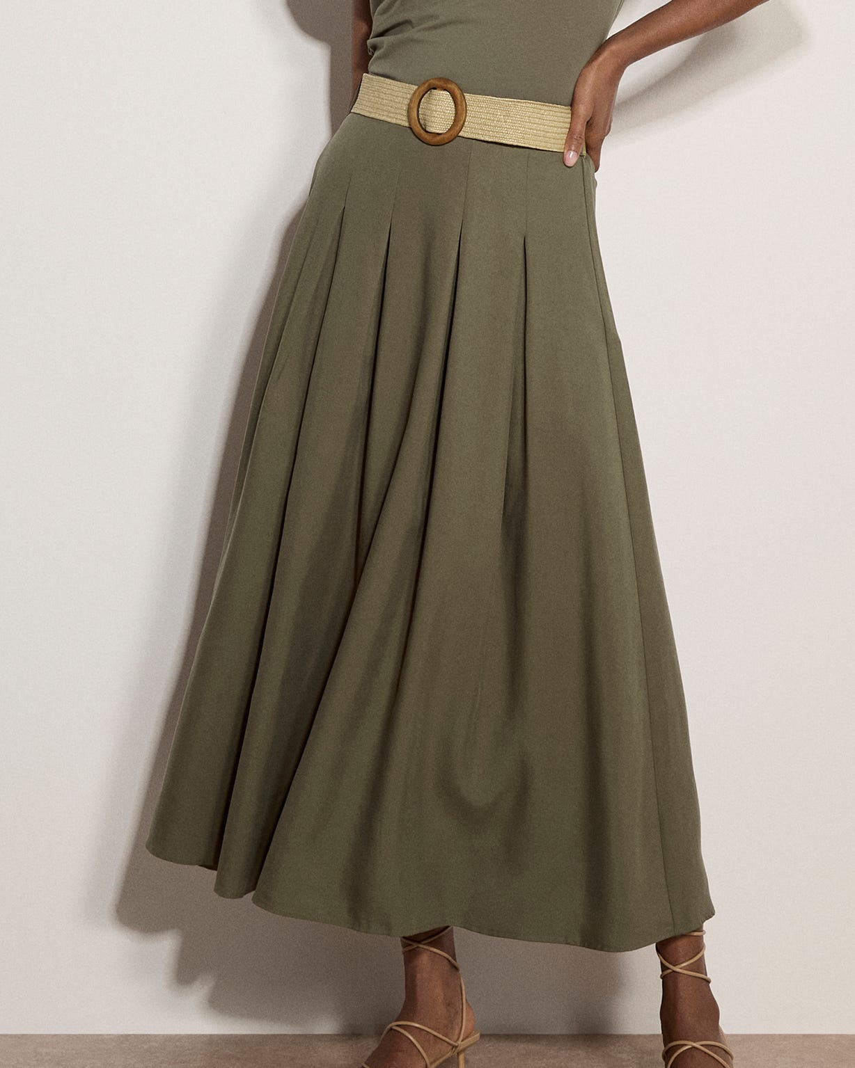 Apricot Belted Midi Skirt