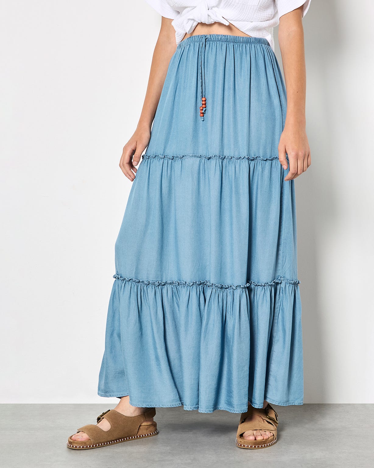Apricot Tiered Denim Skirt