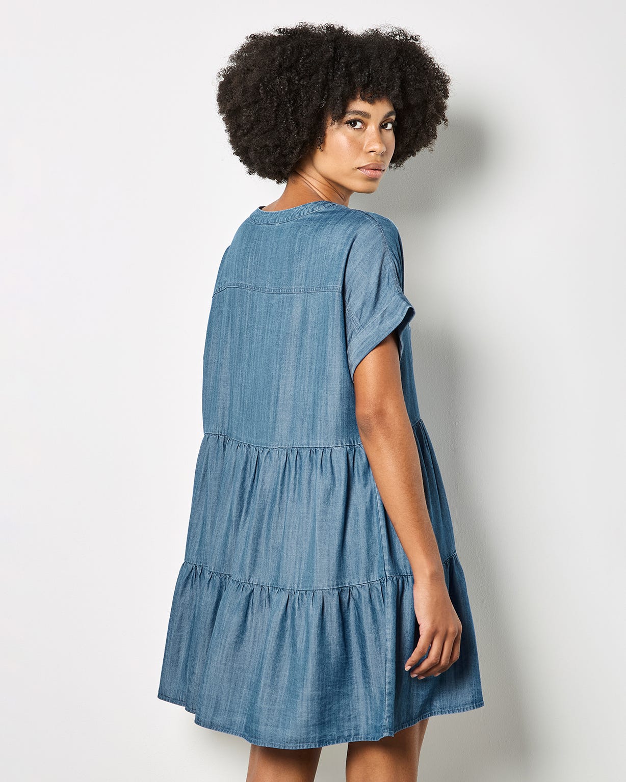 Apricot Embroidered Denim Tiered Dress