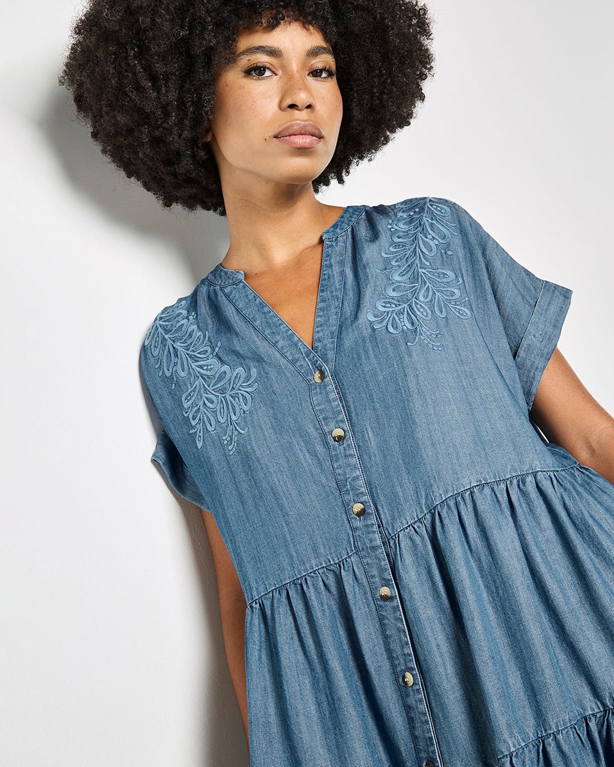Apricot Embroidered Denim Tiered Dress