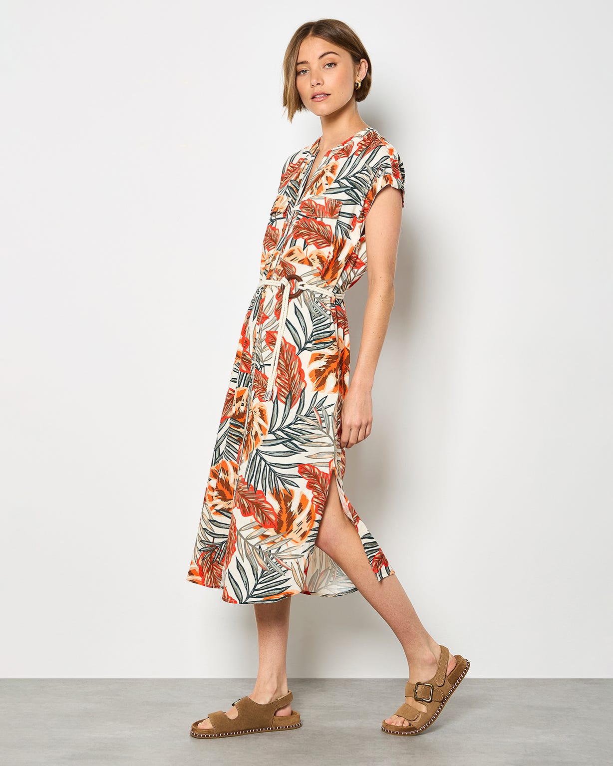 Apricot Tropical Shirt Dress