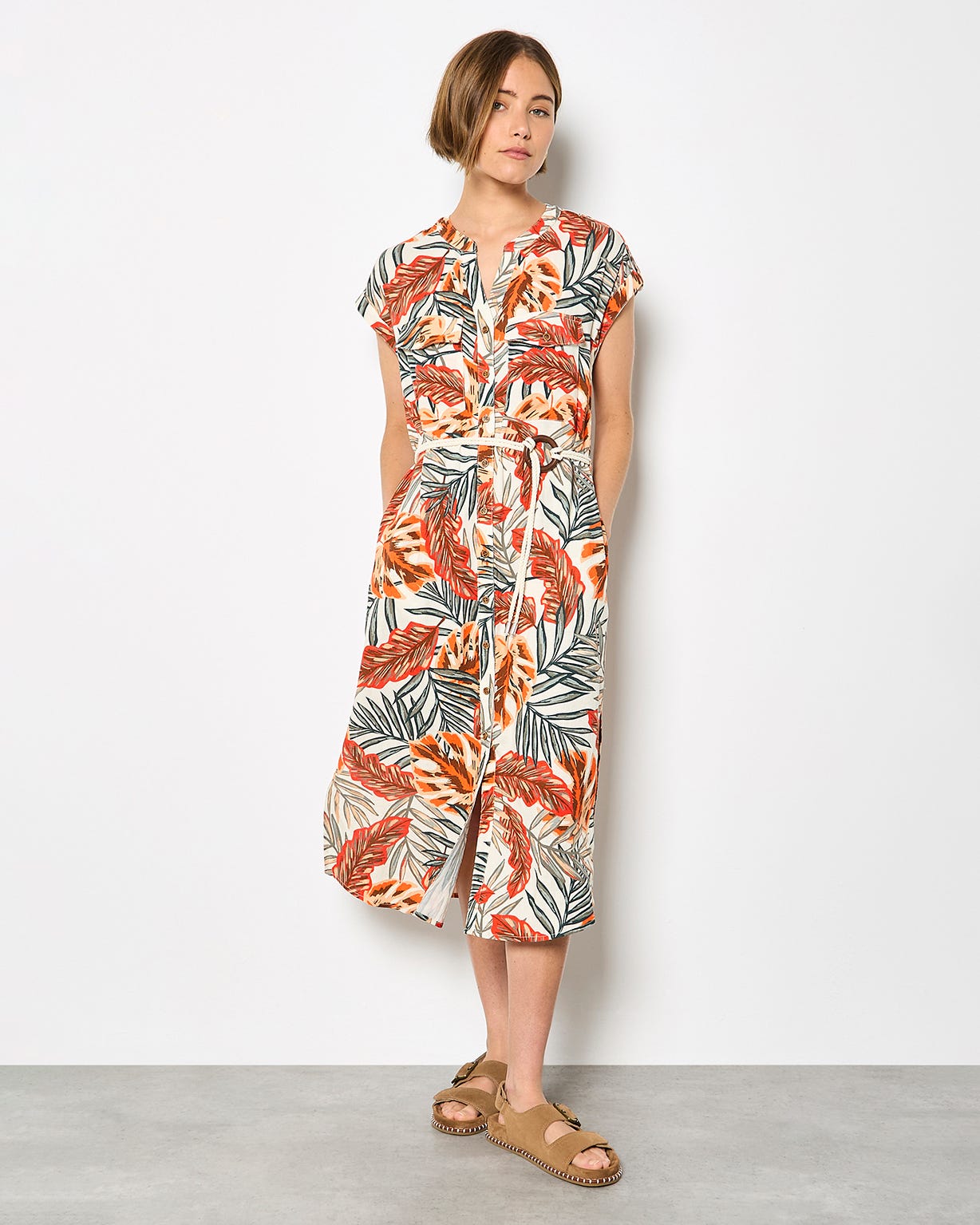 Apricot Tropical Shirt Dress