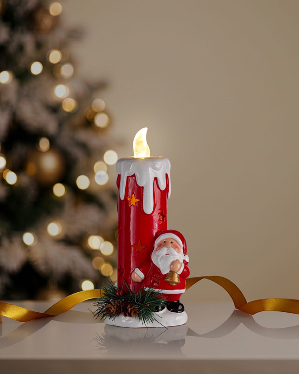 Christmas Ceramic LED Candle with Santa Ornament 