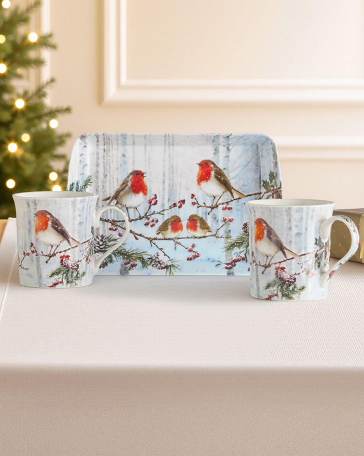 Pack of 2 Robins Mugs & Tray Set 