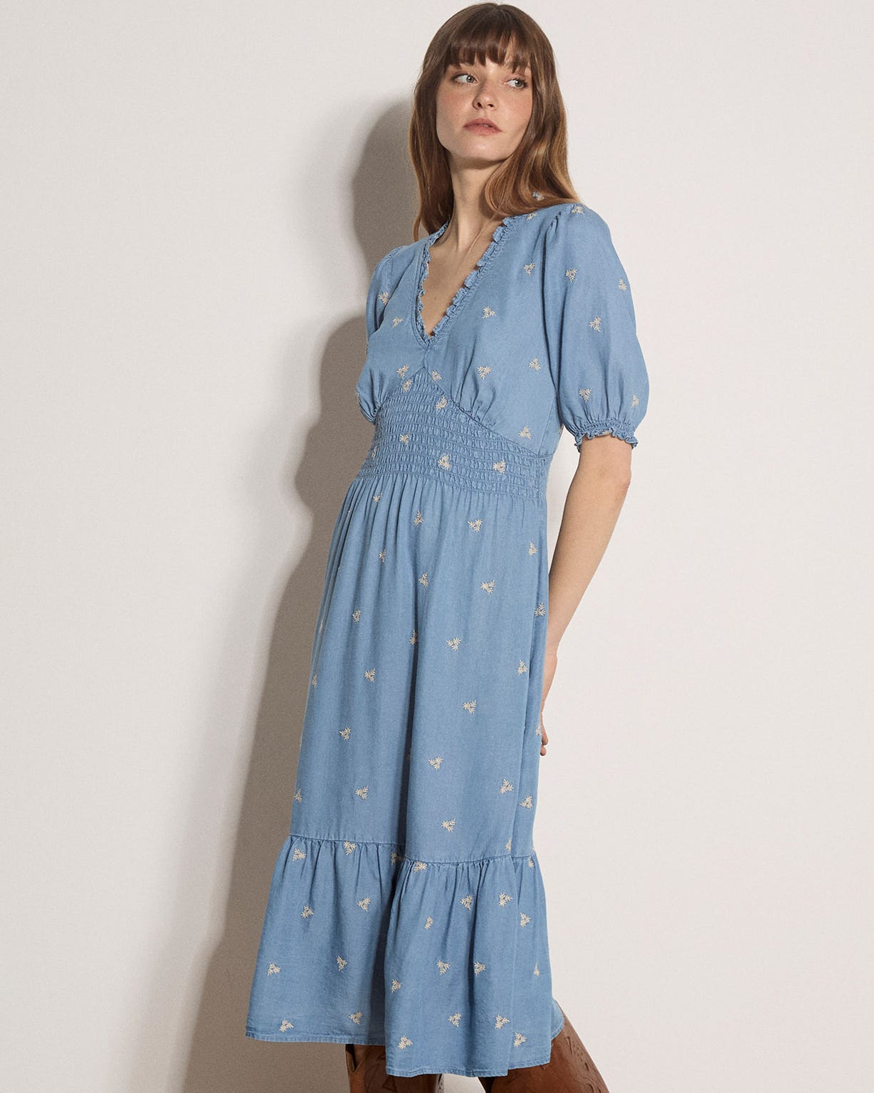 Apricot Embroidered Denim Dress 