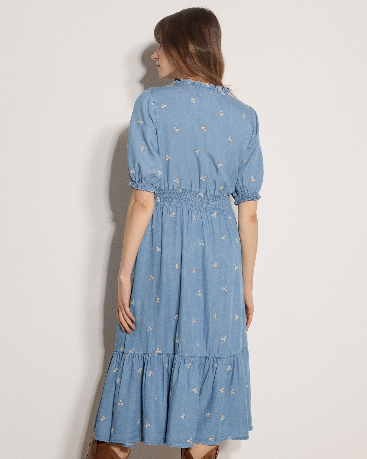 Apricot Embroidered Denim Dress 