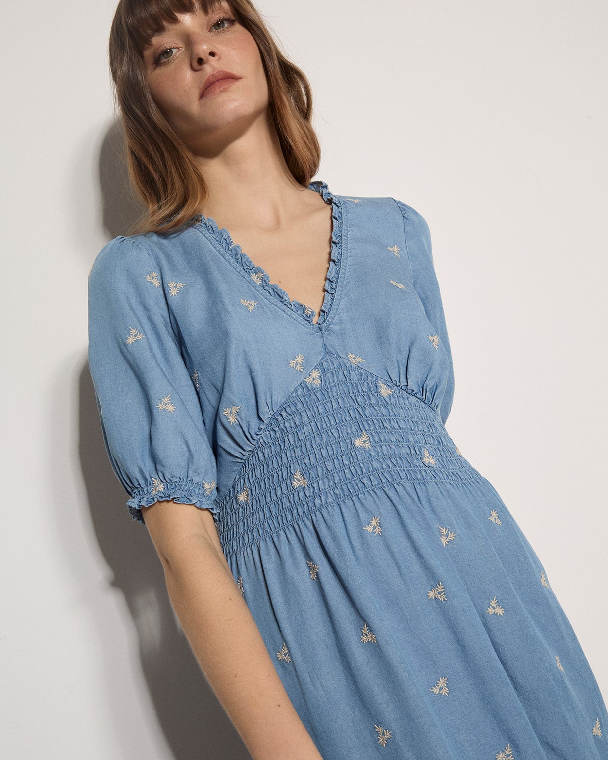 Apricot Embroidered Denim Dress 