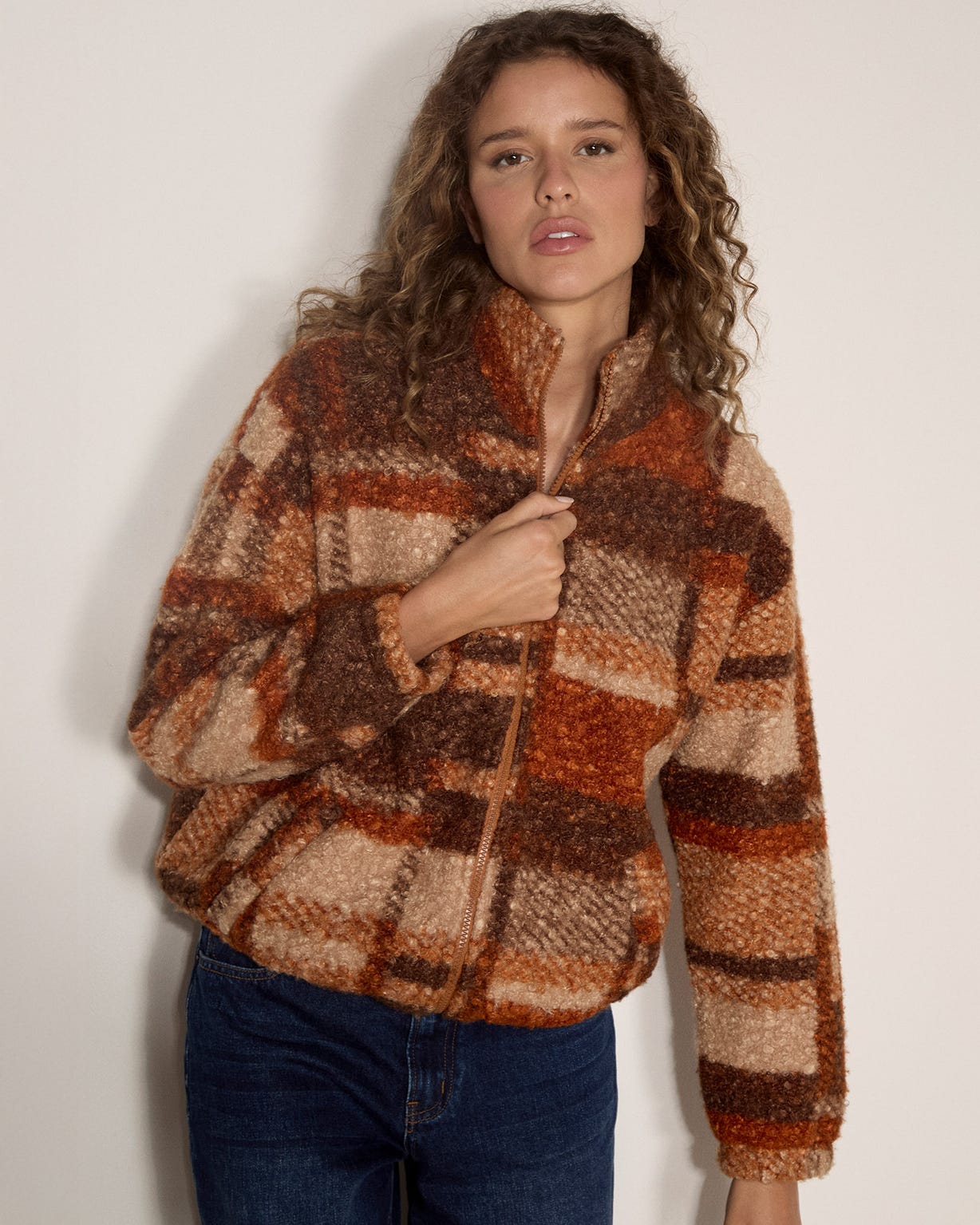 Apricot Borg Check Jacket 