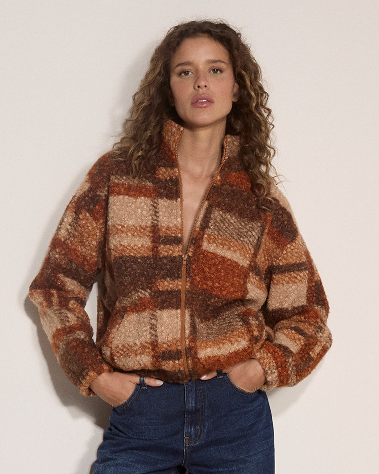 Apricot Borg Check Jacket 