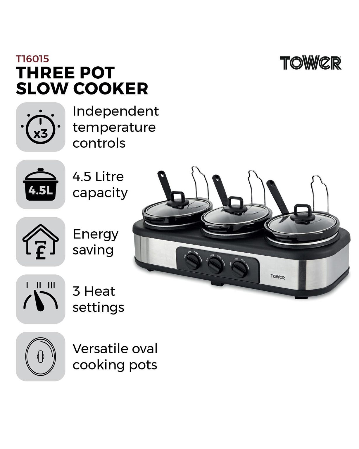 Tower Three Pot Slow Cooker 