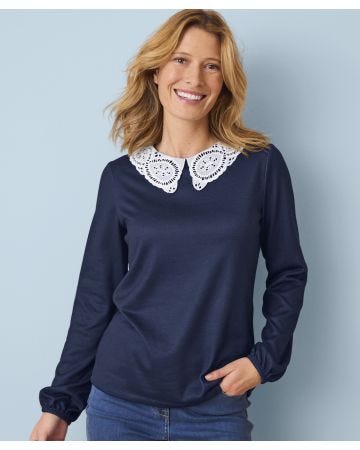 Skin Soft Contrast Collar Brushed-finish Top