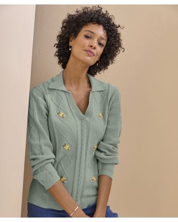 Embroidered Open Neck Jumper