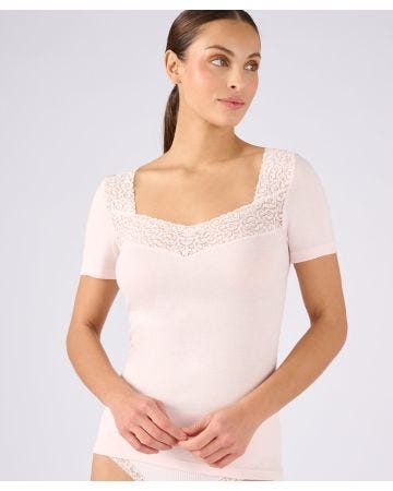 Cotton Short Sleeved Lace Trim T-shirt 