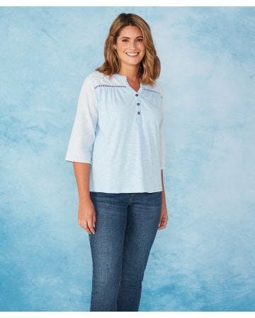 First Avenue - Broderie Sleeve Notch Neck Button Placket Top