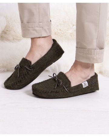 Totes Mens Woven Wool Mix Moccasin Slippers
