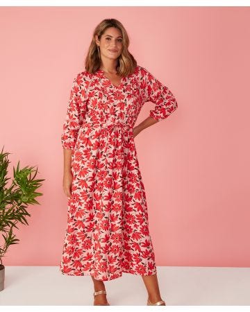 First Avenue - Long Sleeve V Neck Print Dress