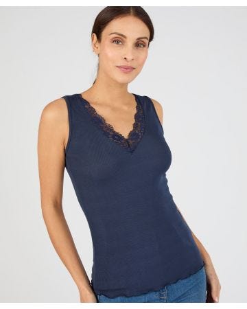 Modal Blend Sleeveless V-Neck Lace Trim Vest