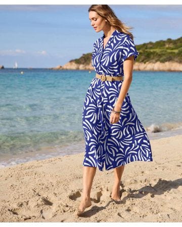 Print Dress with Raffia Belt