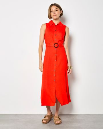 Apricot Belted Shirt Midi Dress