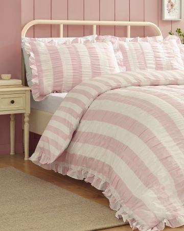 Catherine Lansfield Seersucker Frill Stripe Duvet Set 